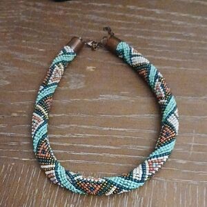 Handcrafted Beaded Necklace - Turquoise and Brown 16" And 3" Extender